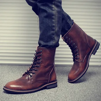 

2019 New Men Boots Autumn Winter Warm Ankle Booties Waterproo Lace-up Warm Flat Men Shoes Add Plush High-Top Men Leather Shoes