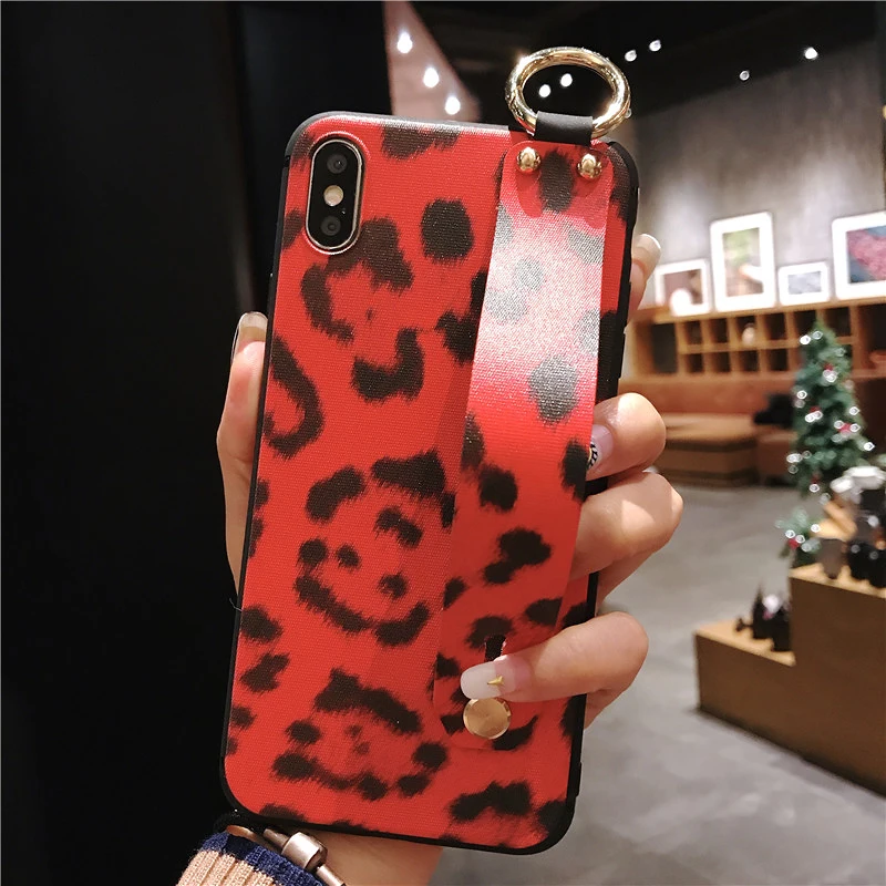 4 SoCouple Leopard Print Phone Case For iphone XS Max XR X Case For iphone 6 6s 7 8 plus Back Cover Wrist Strap Soft TPU Cases