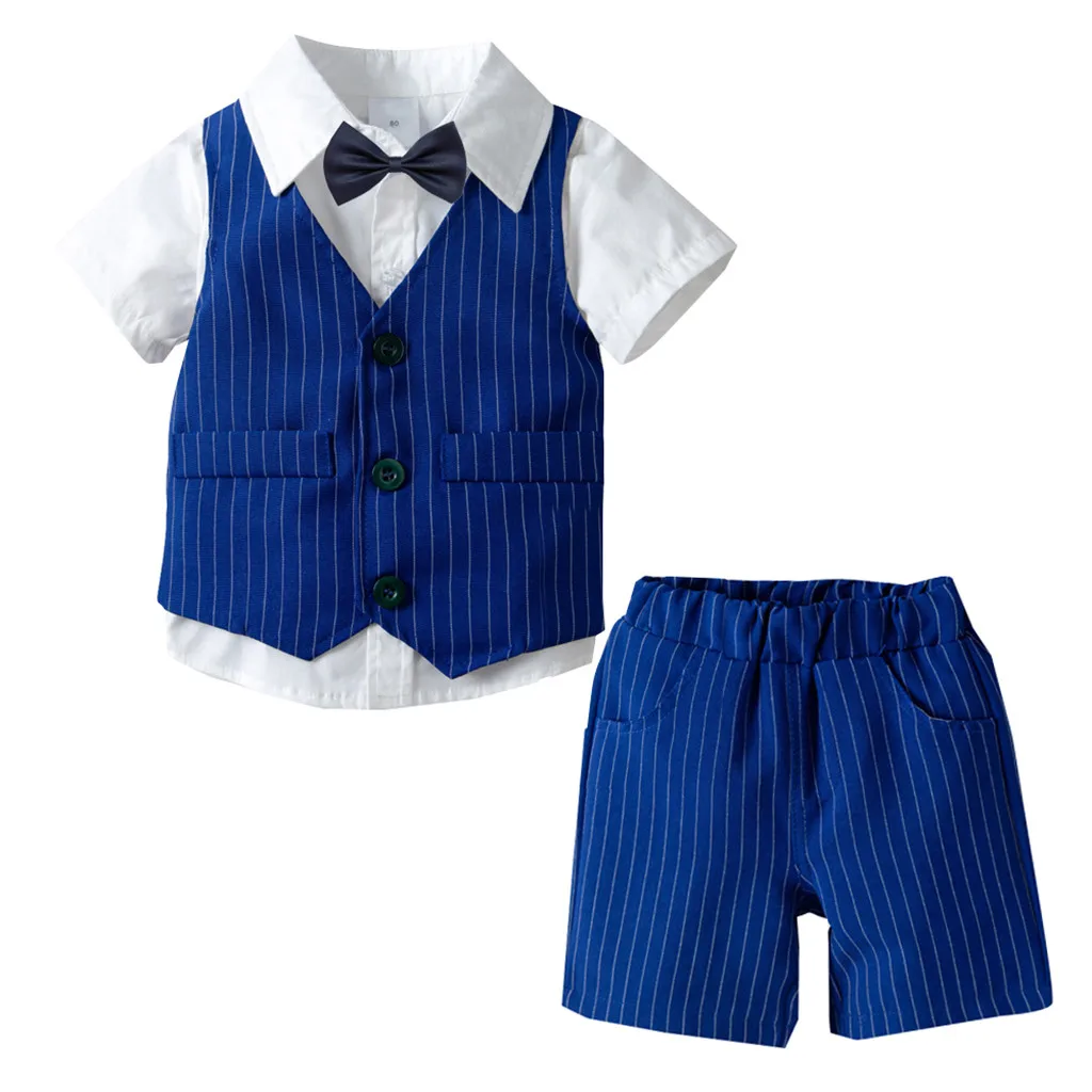 Детская одежда для мальчиков г. Костюм Джентльмена для маленьких мальчиков рубашка с бантом+ жилет в полоску+ шорты летний комплект одежды для детей, От 1 до 5 лет