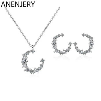 

ANENJERY S925 Stamp Silver Color Jewelry Sets Sweet Flash Zircon Irregular Moon Necklace+Earrings For Women Gift