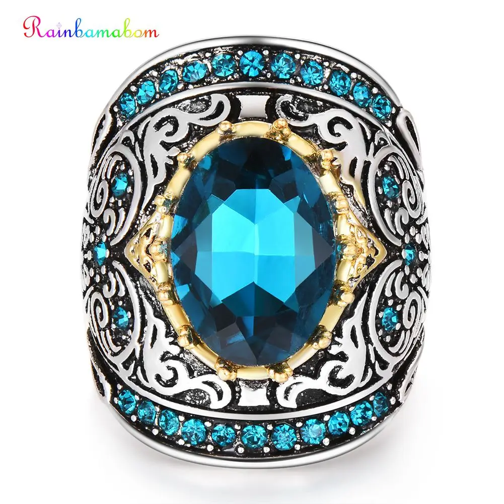 

Rainbamabom Vintage Turkish 925 Solid Sterling Silver Sapphire Gemstone Wedding Engagement Ring Jewelry Wholesale Drop Shipping