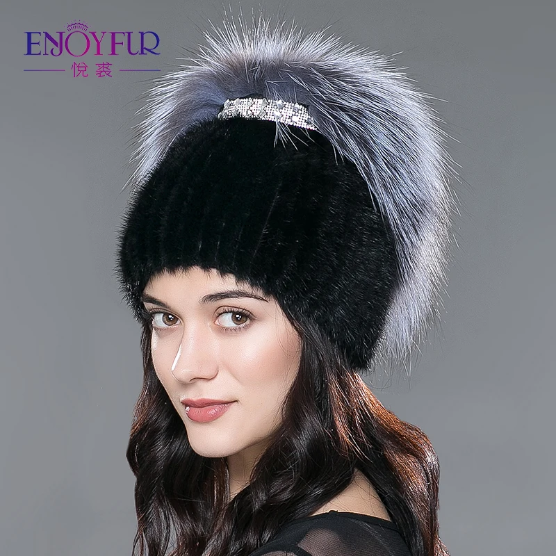 Goedkoop Vrouwen winter nertsen bontmuts real gebreide nertsen zilveren vos bont caps vrouwelijke russische warme mutsen hoed 2018 brand new vrouwen bontmuts