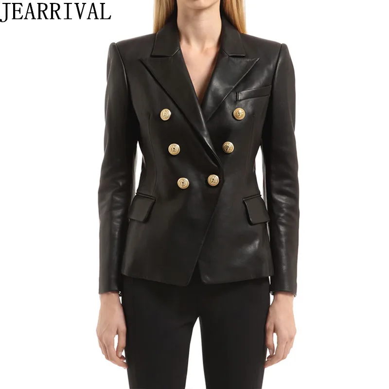 Черный двубортный пиджаки для женщин 2019 Новинка весны мода с длинным рукавом Зубчатый воротник искусственная кожа костюмы куртка для