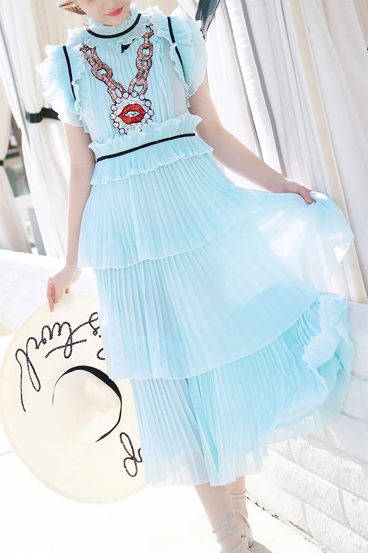 

Hot fashion sequin ruffled layered dress 2018 summer runways ruffles cake chiffon dress D210