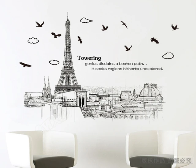 new eiffel tower sketch scenery large wall stickers home decor