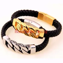 8.46 “* 11mm 47g de Alta Calidad de Acero Inoxidable 316L de Plata/Oro Cadena del Encintado Cubana Negro Genuino Pulsera de cuero Fresco Para Hombre de Pulsera