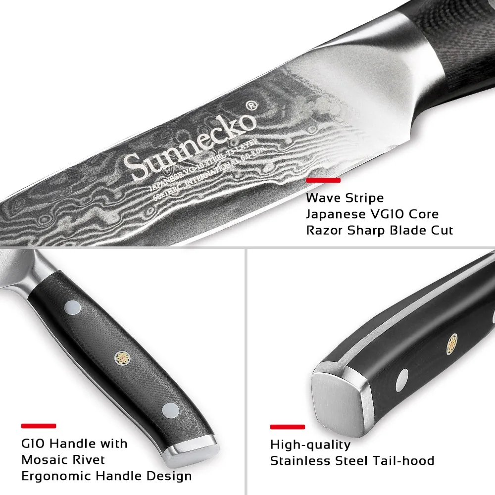 SUNNECKO 2 шт. нож из дамасской стали комплект Santoku универсальный нож для очистки овощей японский VG10 Core Шлифовальный G10 ручка шеф-повара нарезки лосося повара ножи