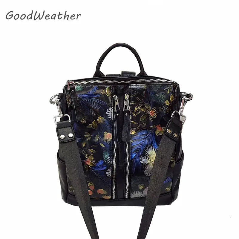 2017 Fashion small 3D flower print backpack for women high quality black leather travel backpacks female