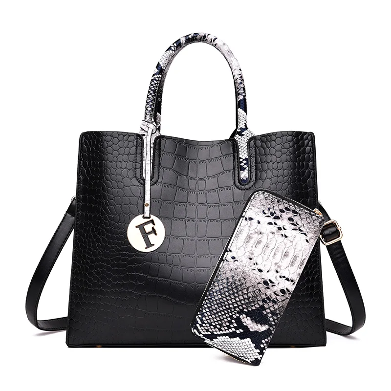 Роскошные женские сумки с крокодиловым узором, модные кожаные сумки через плечо для женщин, дизайнерская Большая вместительная сумка-тоут - Цвет: Black wallet