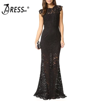 

INDRESSME Elegant Black Floor Length Women Party Dress Sexy Backless Lace O Neck Pleated Women Evening Bandage Dress Vestidos