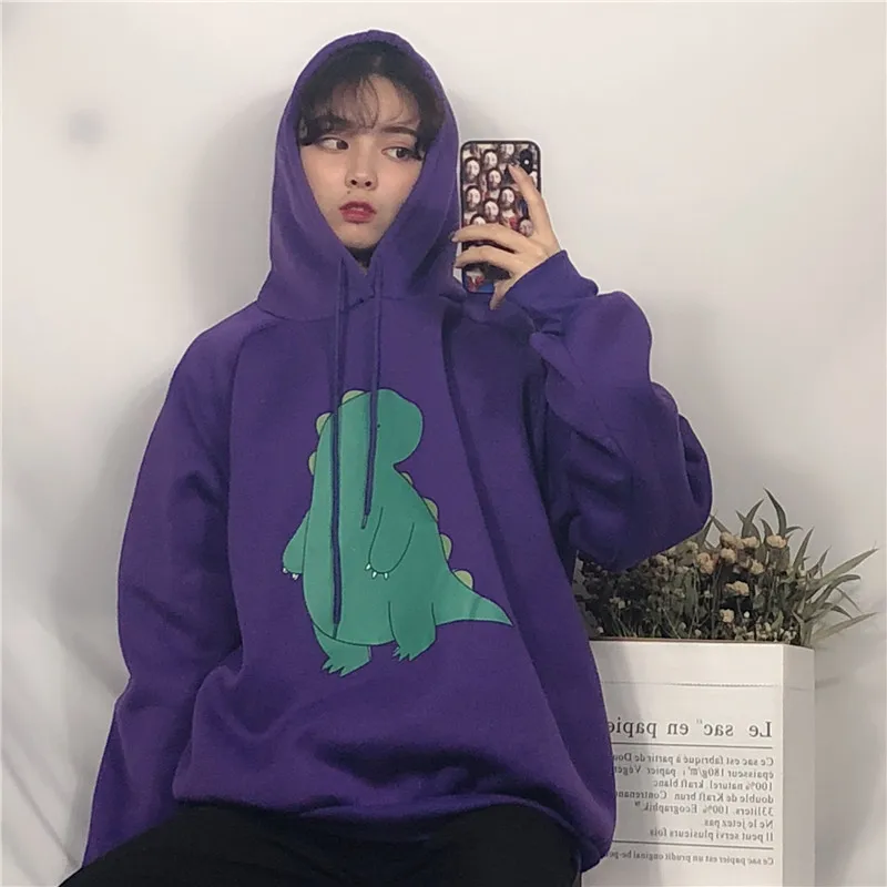 

Student Harajuku Cute Thick Hoodies Sweatshirts Women Autumn Loose Kawaii Dinosaur Print Hooded Coats Female Fleece Warm Tops