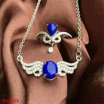 

KJJEAXCMY boutique jewels 925 sterling silver inlaid with natural oval blue diamond ring pendant 2 pieces of jewelry silver colo