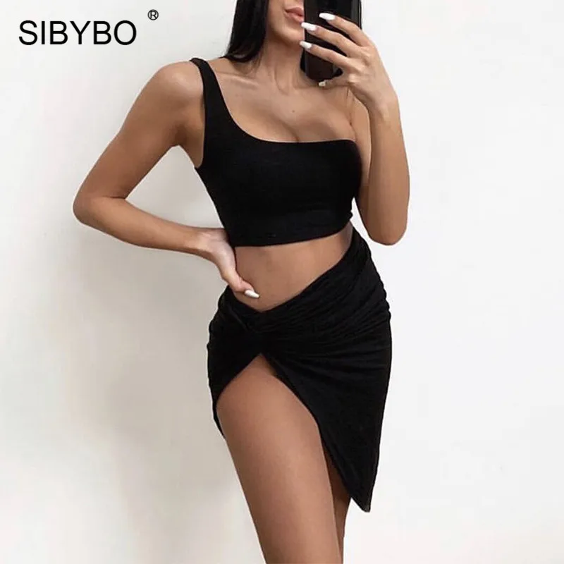 Sibybo, с разрезом по бокам, высокая талия, сексуальное, облегающее платье, на одно плечо, плиссированное, летнее, из двух частей, платье, для ночного клуба, мини, женское платье