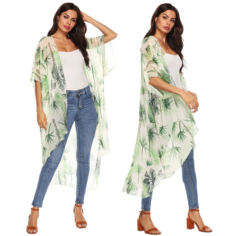 

Beach Dresses Pareo Bikinis Female 2019 Cover Up Women Ups Swimwear For Plant Print Chiffon Loose Short Long Sleeve Acetate