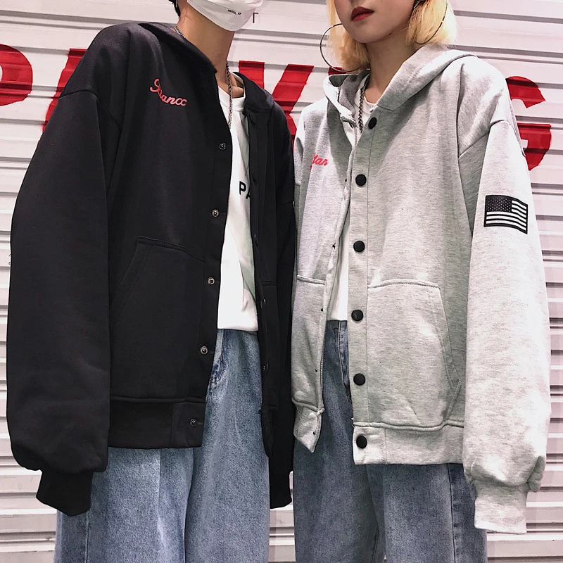 Женская куртка с капюшоном Cheersolo Harajuku Черная карманами и пуговицами на осень
