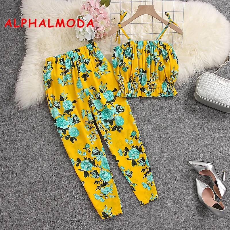 Женский укороченный топ с цветочным принтом ALPHALMODA комплект из 2 предметов