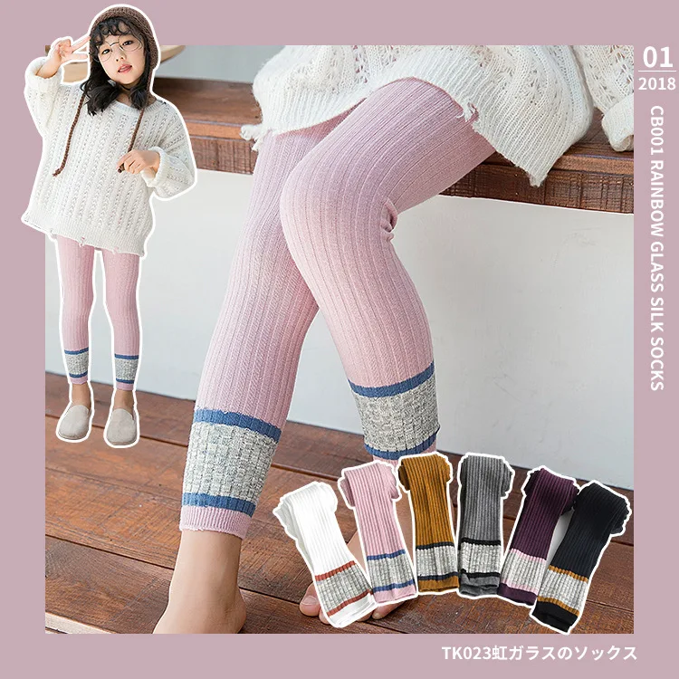 

2018 New Pattern Solid Color Girl Hit Underpant In Children Stripe Jacquard Weave Autumn Children Even Panty Hose