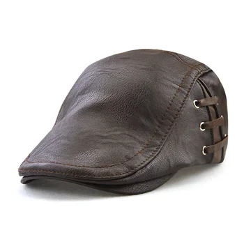 JAMONT Fashion PU Leather Caps Windproof Man Beret Bandage Hat Spring Flat Cap Casquette Warm Side Strap Boina Masculina 2