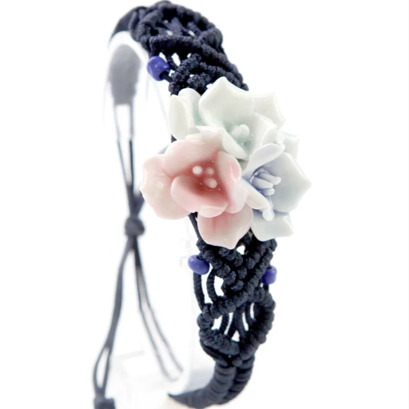 

New Arrival Hot Fashion Ethnic Porcelain Jewelry Elegant Handmade Knitted Three Color Flowers Ceramic Adjustable Bracelet B1119