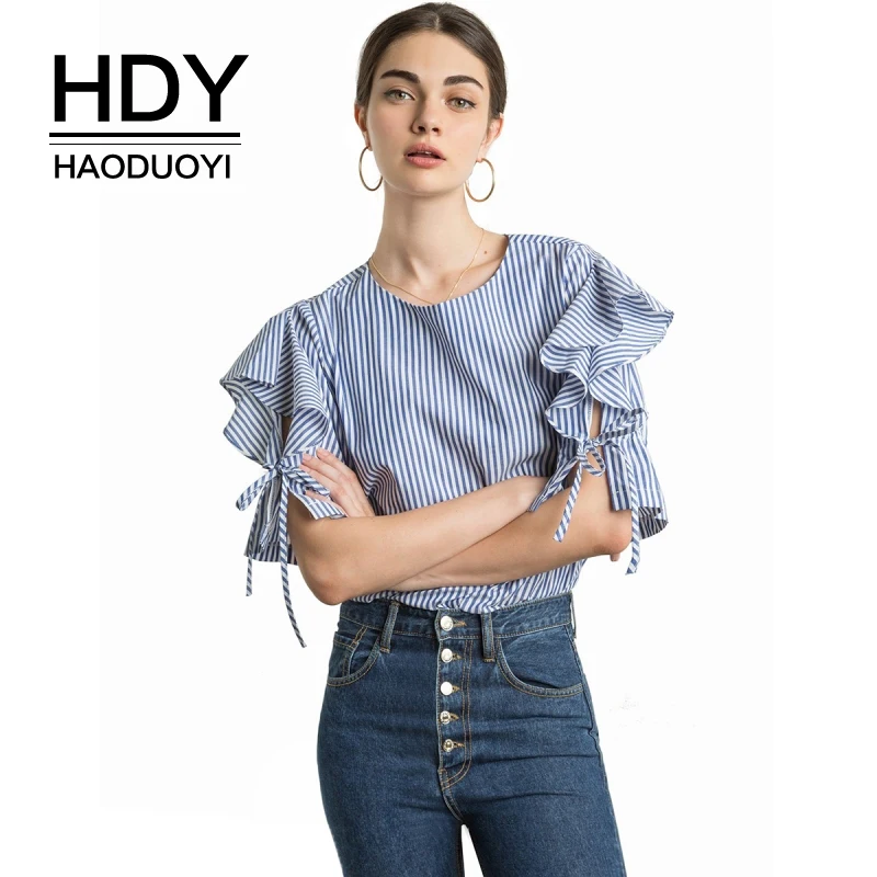 Meilleur HDY Haoduoyi Plaid Falbala Arc Court Manches Évider Shirts Col Rond Casual Coton Doux Bref Élégant Blouses Pour Femmes