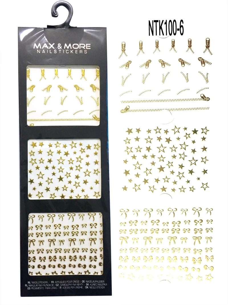 

DIY Zipper/Star/Bow tie Flowers Nail Art 3D Decals Nail Tattoo Stickers Transfers Gold Color 3 Sheet/Lot For Nails Decoration