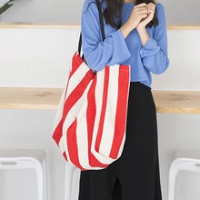 Reusable Shopping Grocery Bag Female Casual Tote Large Capacity Canvas Striped Women Handbag Lady Girl Shoulder Bags