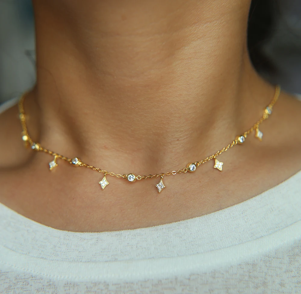 

christams gift sliver gold Cubic Zirconia round square Drop cz Choker multi layer charm Necklaces For Women lady Jewellery