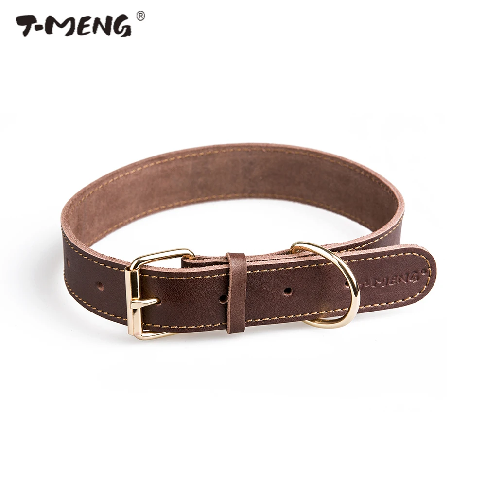 Genuine Leather Dog Collar For Small Large Solid Color Brown Black Top