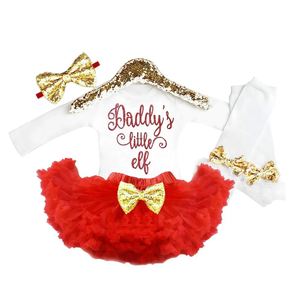 Oklady/Рождественские наряды для маленьких девочек, маленький костюмчик эльфа с юбкой-пачкой+ повязка на голову+ гетры, комплекты одежды из 4 предметов