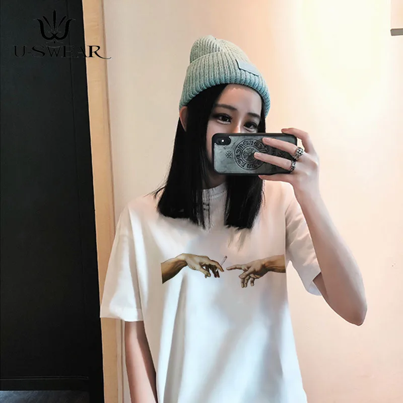 U-SWEAR مايكل أنجلو المتناثرة Ulzzang نعرفكم النساء تي شيرت الصيف مضحك طباعة الهيب هوب تي شيرت الشارع الشهير Casua قمم المحملة