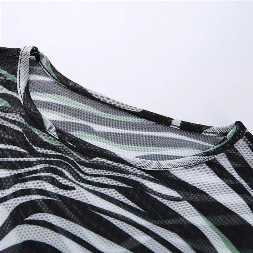 New Womens Sheer Zebra-Stripe Print Mesh T-Shirt Sexy Mesh Cover Up Casual Crop Top Crew Neck Stretchy T Shirt Tops Tee #4A26  (6)