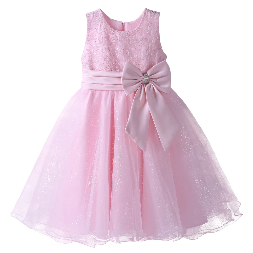 Cutestyles Pink Girl Lace Dress Sleeveless Girls Party Dresses With Bow Decoration Children