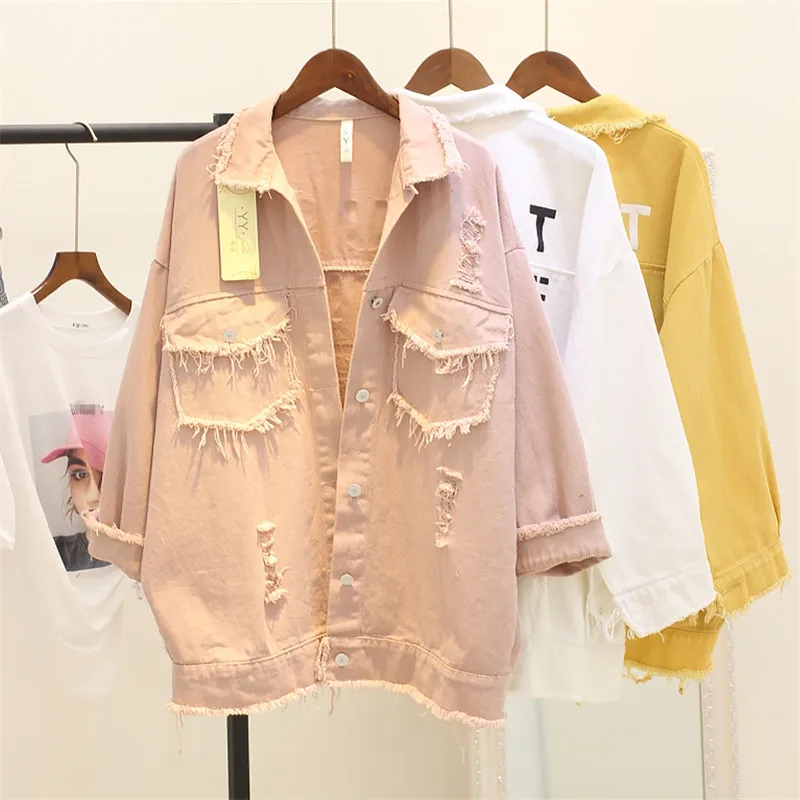 

Harajuku Letter Print Denim Jacket Women Spring Autumn Pink Jeans Jacket Female Frayed Holes Oversized Loose Coat Women Outwear