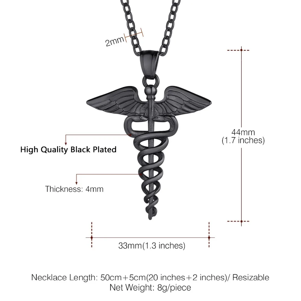 U7 Caduceus двойные крылья змеи Медицинский символ медсестры доктор животное, подвеска, ожерелье для мужчин/женщин ювелирные изделия подарок на день медсестры P1170