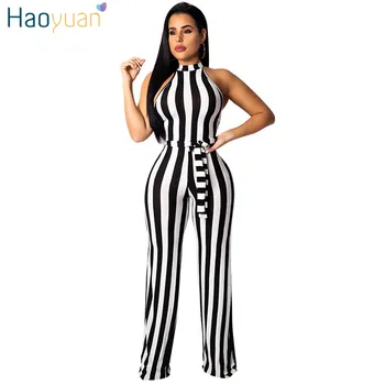 

HAOYUAN Striped Sexy Bodycon Jumpsuit Black White Club Summer Autumn Overalls One Piece Off Shoulder Rompers Womens Jumpsuit