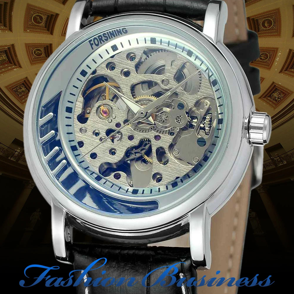 

Forsining Golden Case Half Skeleton Design Brown Leather Strap Men Business Watch Automatic Watch Montre Homme