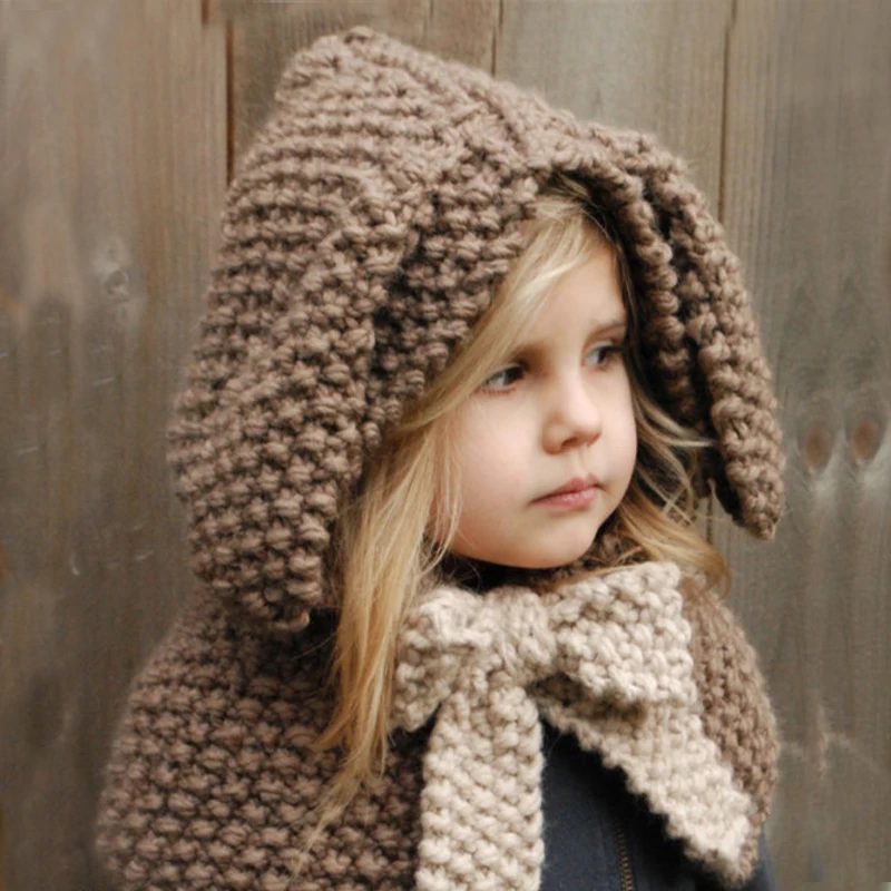 

Cute Kids Hat Handmade Crochet Rabbit Ear Knitted Hats for Girl Boys Children Winter Cartoon Animal Hats Warm Knitted Scarf Hat
