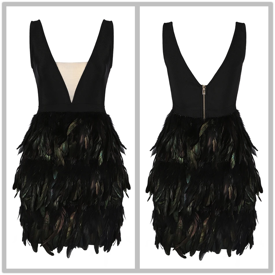 Amily. c новое летнее женское Бандажное платье Vestidos черное перо Сексуальная глубокая Клубная одежда с v-образным вырезом облегающие вечерние платья