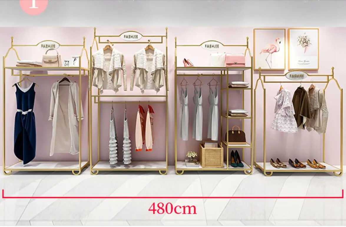 Europe type gold dress shop rack rack high grade clothes rack shoes bag double layer clothing display rack