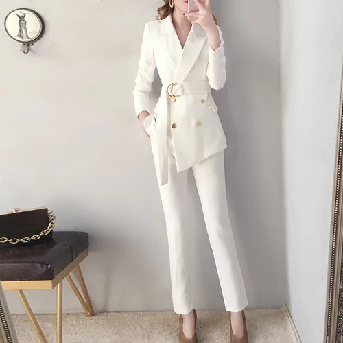 Весенний белый костюм женский весенний женский модный темперамент маленький костюм куртка брюки для ног два комплекта женский осенний костюм - Цвет: 1