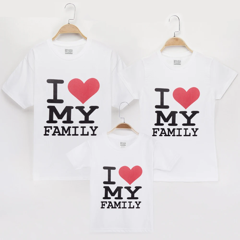 

2018 I Love My Family Matching Outfits T-Shirt 100% Cotton White Mother And Daughter Clothes Baby Mon And Son Clothing T Shirts