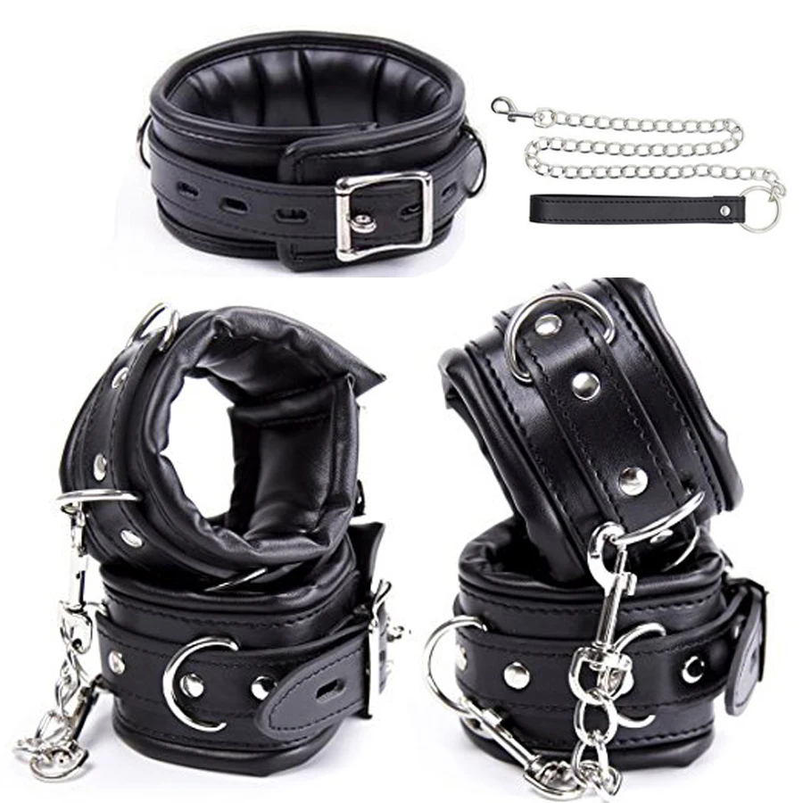 Bondage Padded Leather Wrist Ankle Cuffs Handcuff Collar Chain Restraint Toy SM