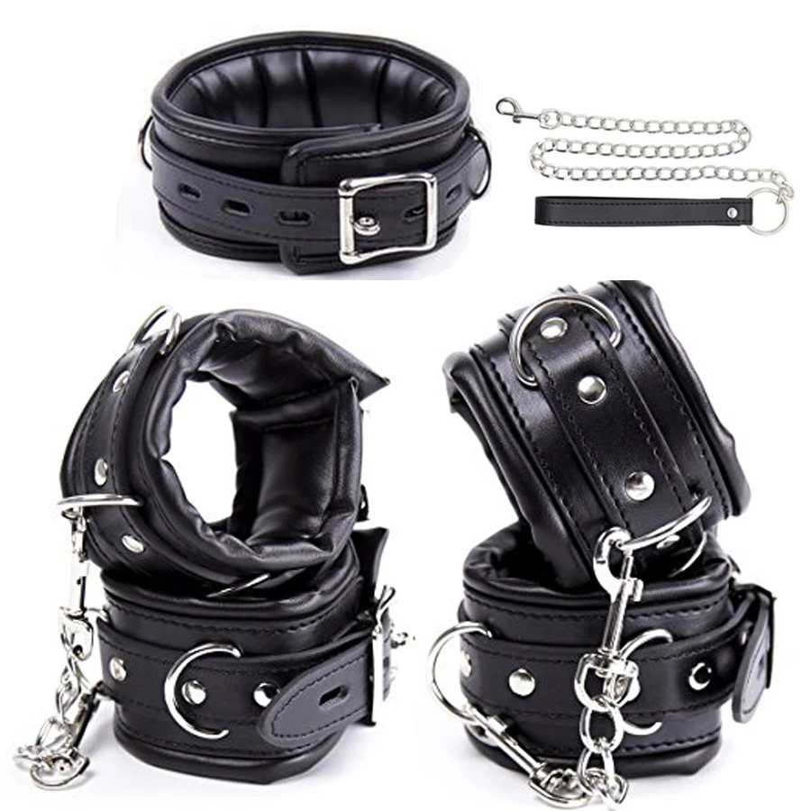 Leather Padded Wrist Cuffs & Ankle Cuffs & Neck Collar Set ,BDSM