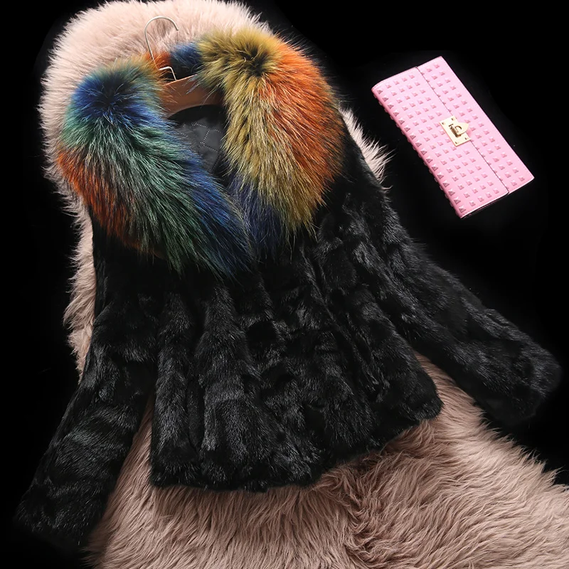 Colorful raccoon dog fur collar fashion natural mink fur jackets women