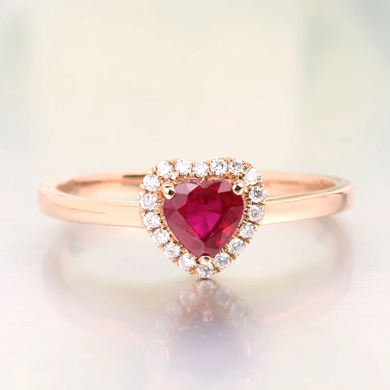 Robira Charm Female Natural Ruby Red Heart Ring Elegant 18K Rose Gold