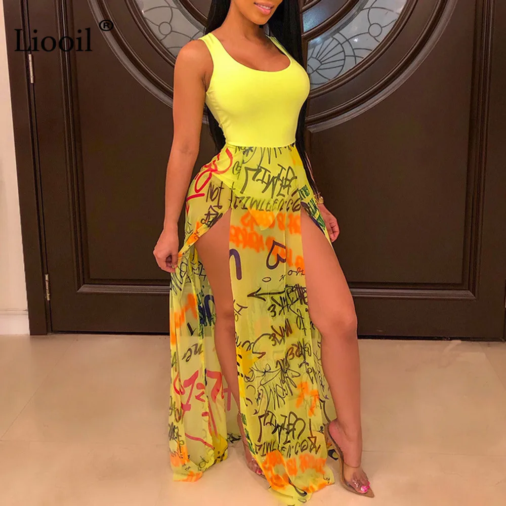 

Liooil Patchwork Mesh Print Maxi Dress Women Asymmetrical High Waist Slit Dress Sexy Club Wear Long Dresses Woman Party Night