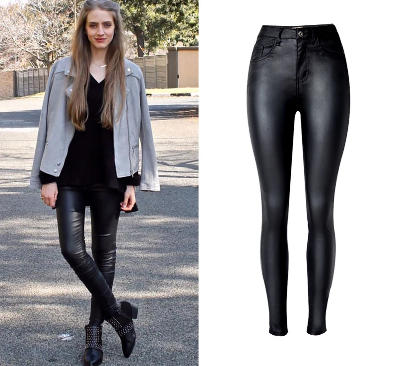 2017 New Hot Eu Models Women Sexy Slim PU Pockets Leather Pencil Pants Motor Style All-Match Fleece Trousers Slim Faux Leather (3)