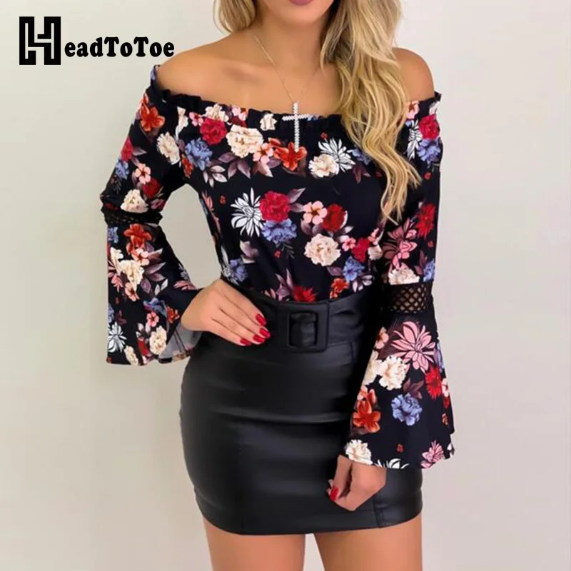 

Women Sexy Slash Neck Floral Print Blouse Off Shoulder Long Sleeve Chiffon Blouse Casual Blusas Mujer De Moda 2019