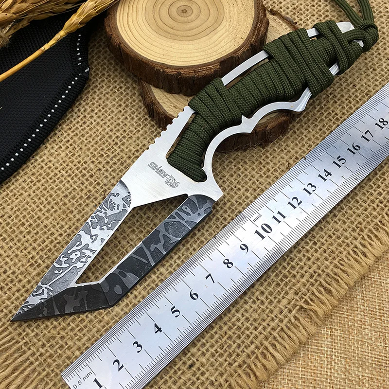 

faca Outdoor fixed knife TANTO stainless steel blade etching pattern surface survival knives umbrella rope handle caza edc tools