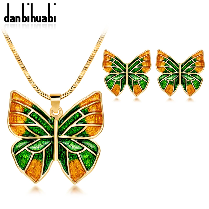 

danbihuabi Butterfly Green&Orange Enamel Necklace&Earrings for Women&Girls Jewelry Set Pedant Wedding Party Jewelry CA532-A